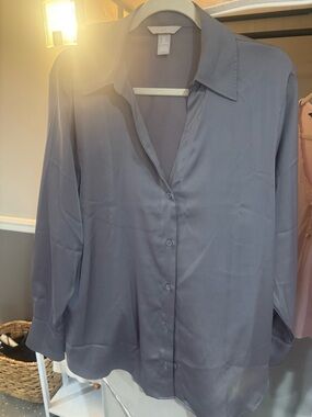 Women's Satin Button-Down Blouse in Slate Gray